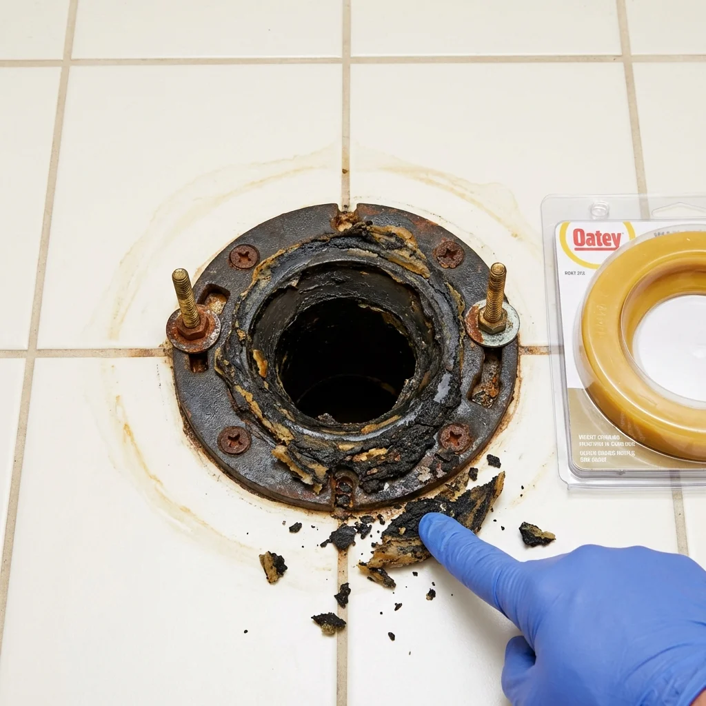 Failed wax ring showing water seepage at the base of a toilet in a Chelan, WA home