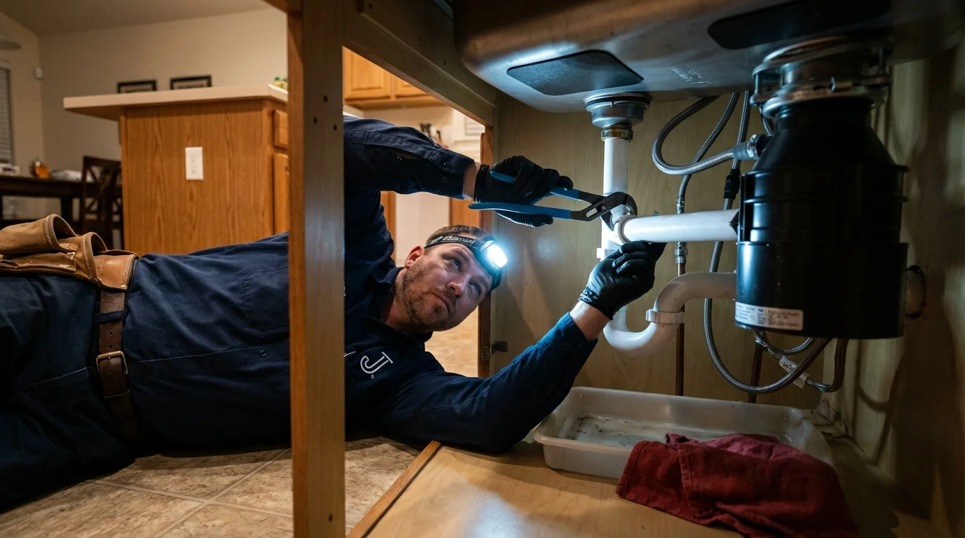 P-trap and supply line connections under a kitchen sink showing a common leak point in Chelan, WA